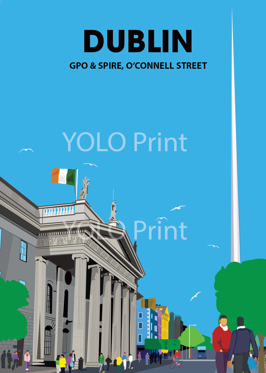 Dublin Postcard or A4 Mounted Print or Fridge Magnet - GPO & Spire