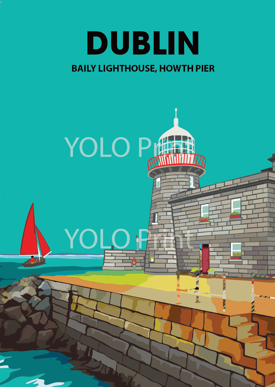 Dublin Postcard or A4 Mounted Print  - Baily Lighthouse Howth Pier