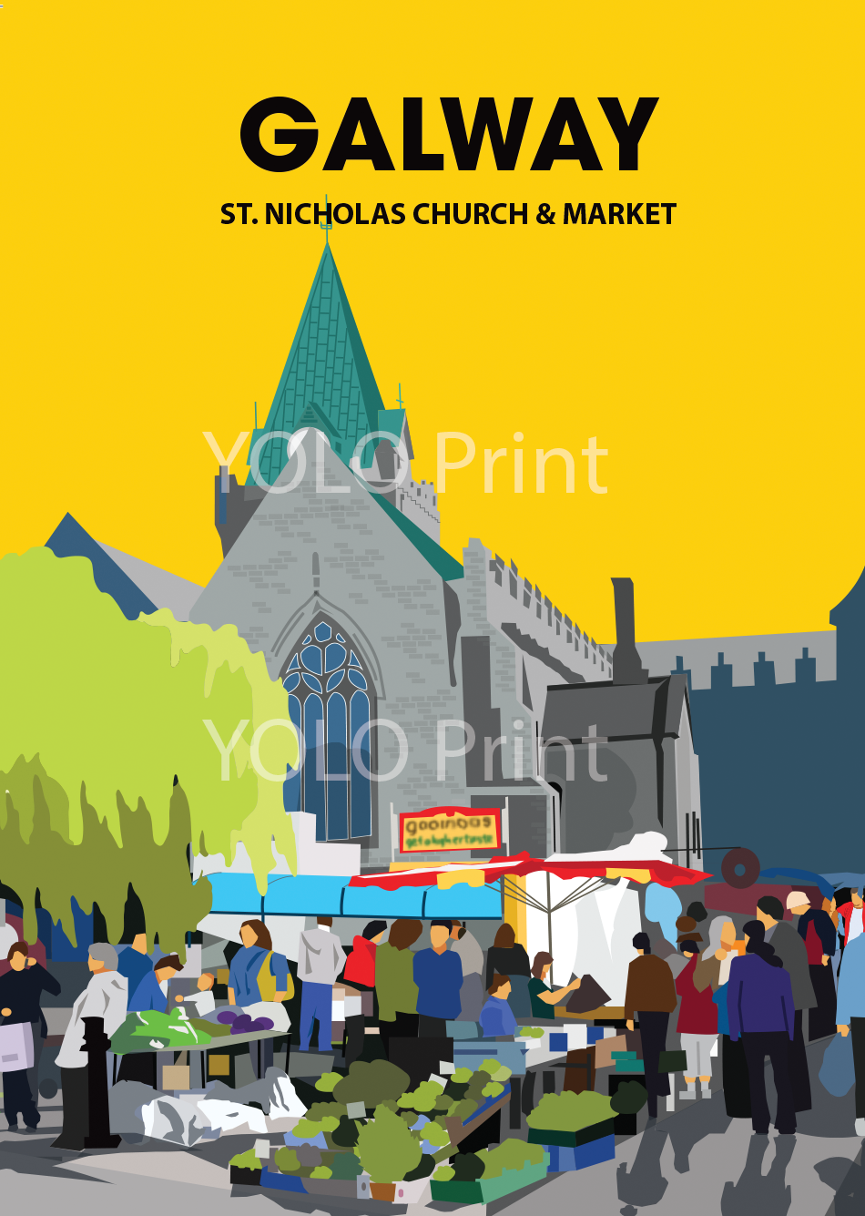 Galway Postcard or A4 Mounted Print  - St. Nicholas Church and Market